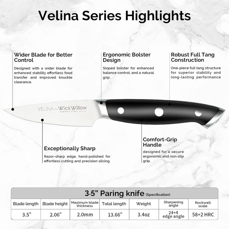 WICKWILLOW 3.5" Paring Knife – Razor Sharp German Steel DIN1.4116 – Precision Fruit & Vegetable Knife for Peeling & Trimming – Full Tang & Ergonomic Handle – Gift Box – Velina Series - Image 3